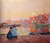 A Dutch Fishing-Village At Dusk With Figures On A Quay by Hans Herrmann